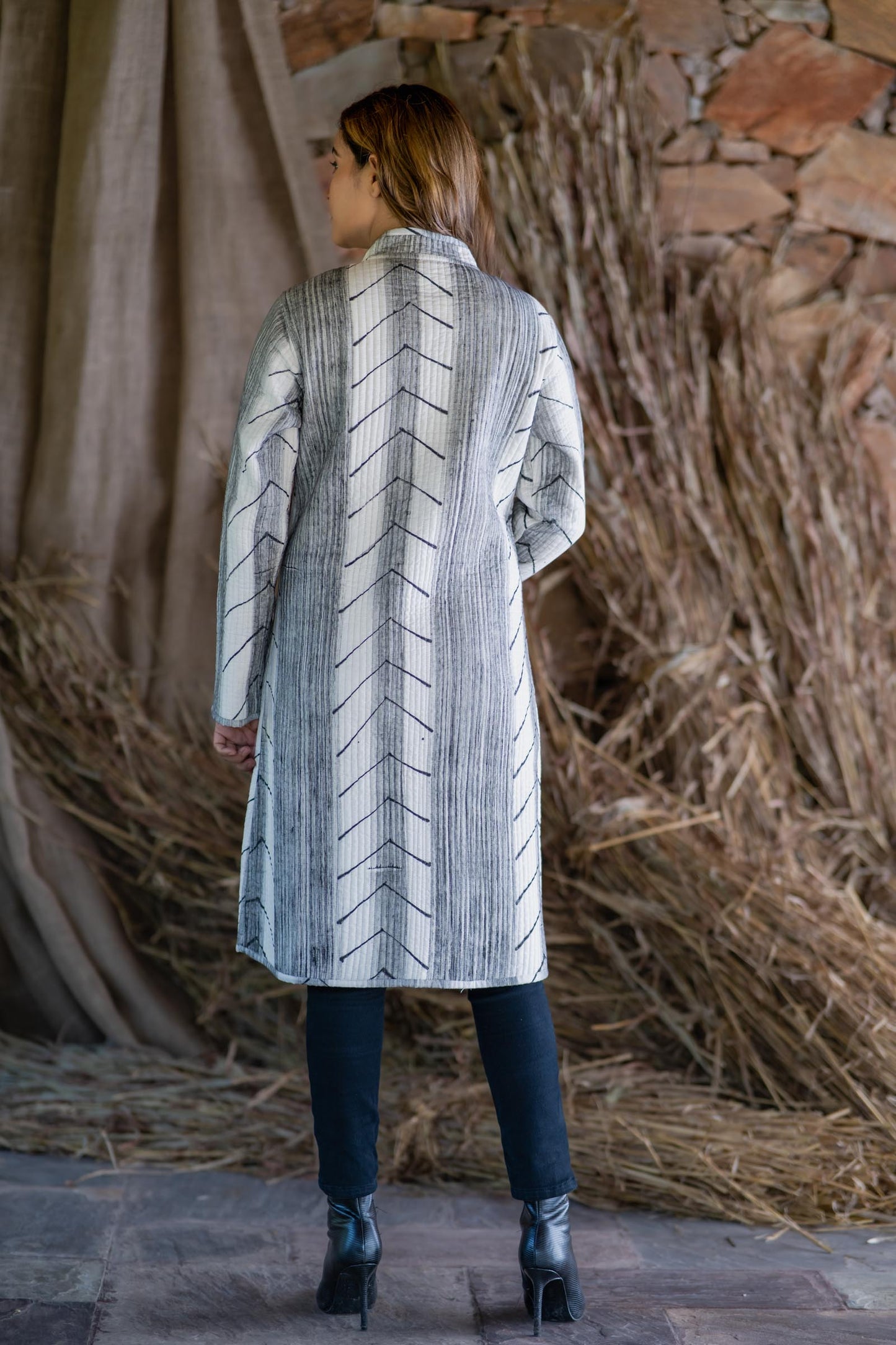 Black White Block Printed Quilted Jacket- NVQJ480