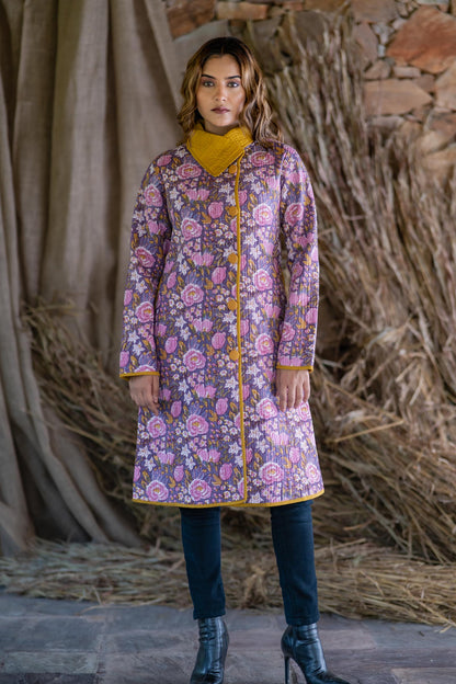 Violet Block Printed Quilted  Bukhara Jacket- NVQJ481