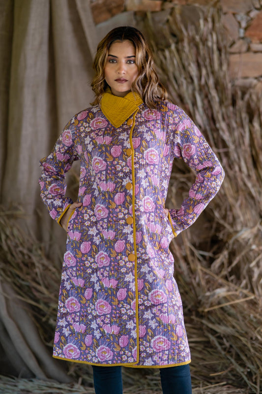 Violet Block Printed Quilted  Bukhara Jacket- NVQJ481