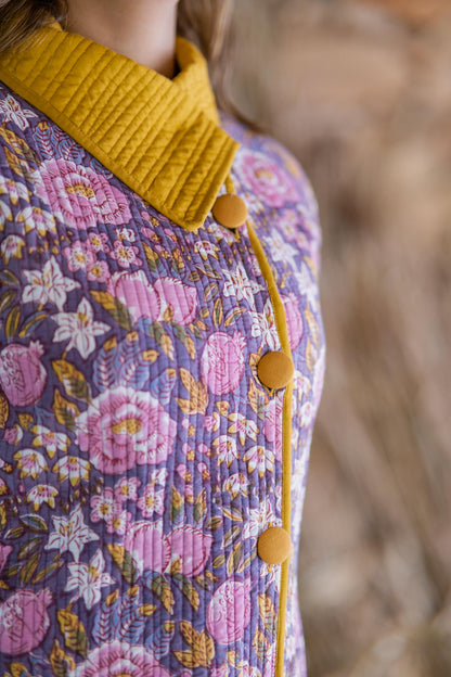 Violet Block Printed Quilted  Bukhara Jacket- NVQJ481