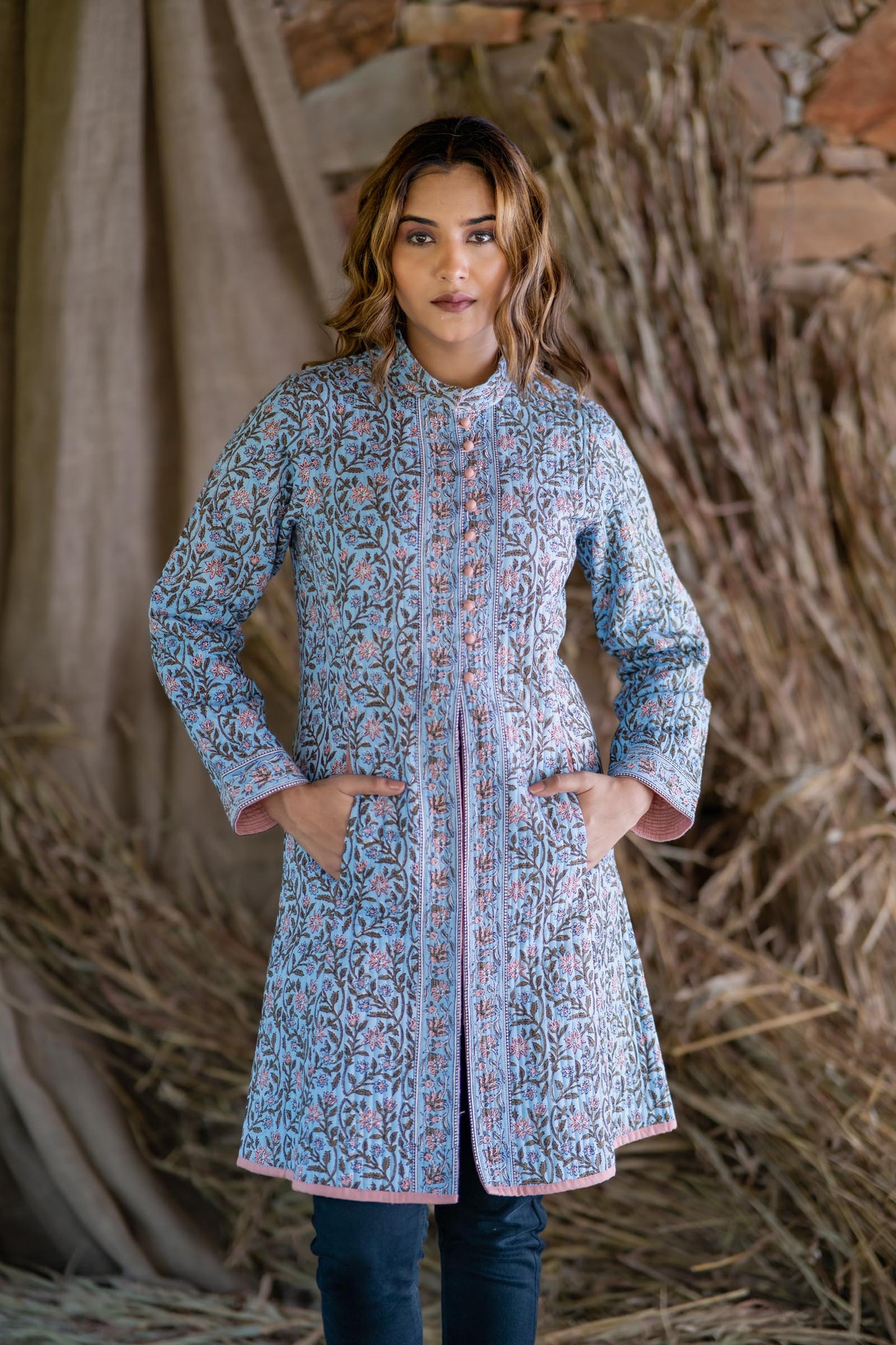 Blue Block Printed Quilted Long Slit Coat-NVQJ506