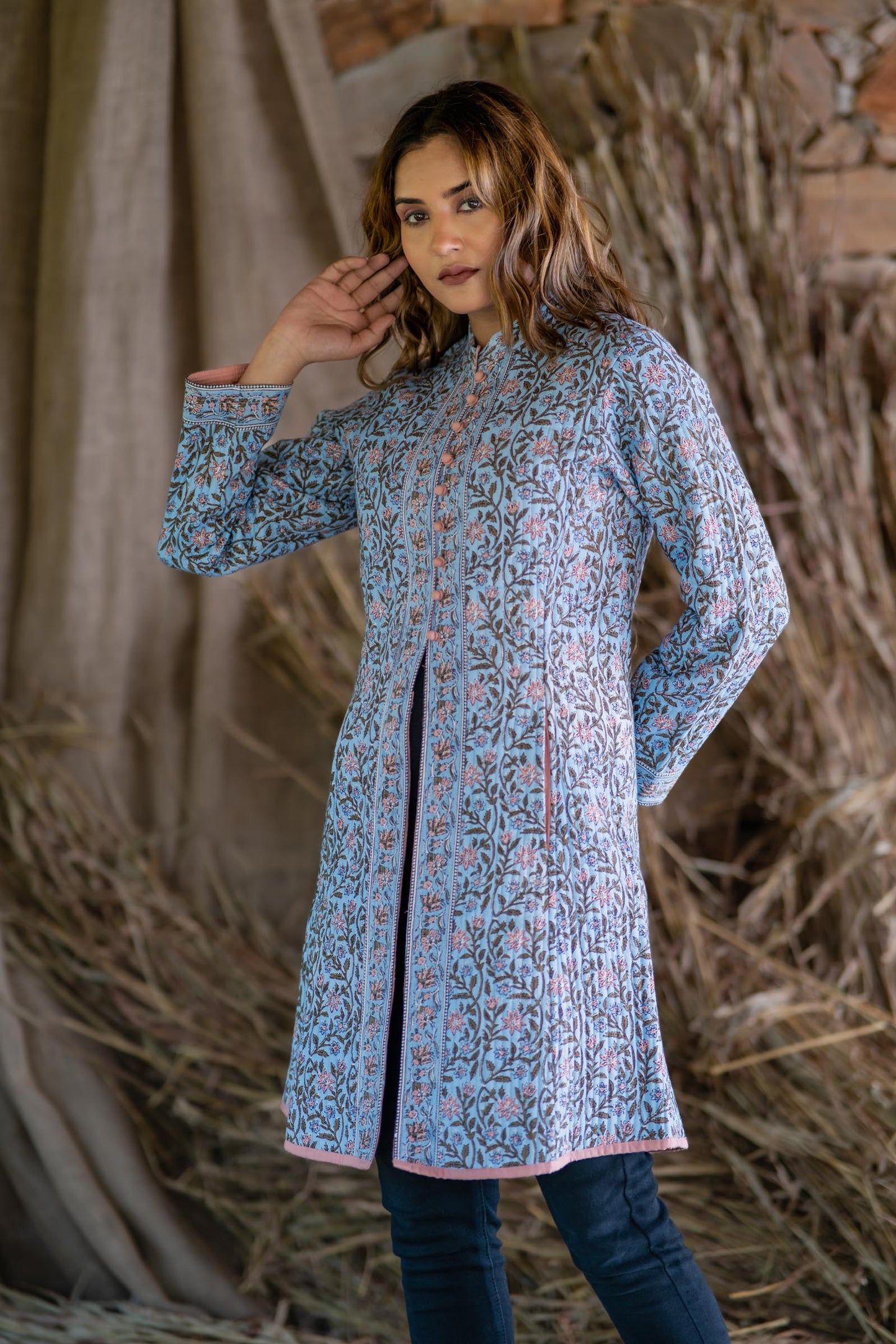 Blue Block Printed Quilted Long Slit Coat-NVQJ506