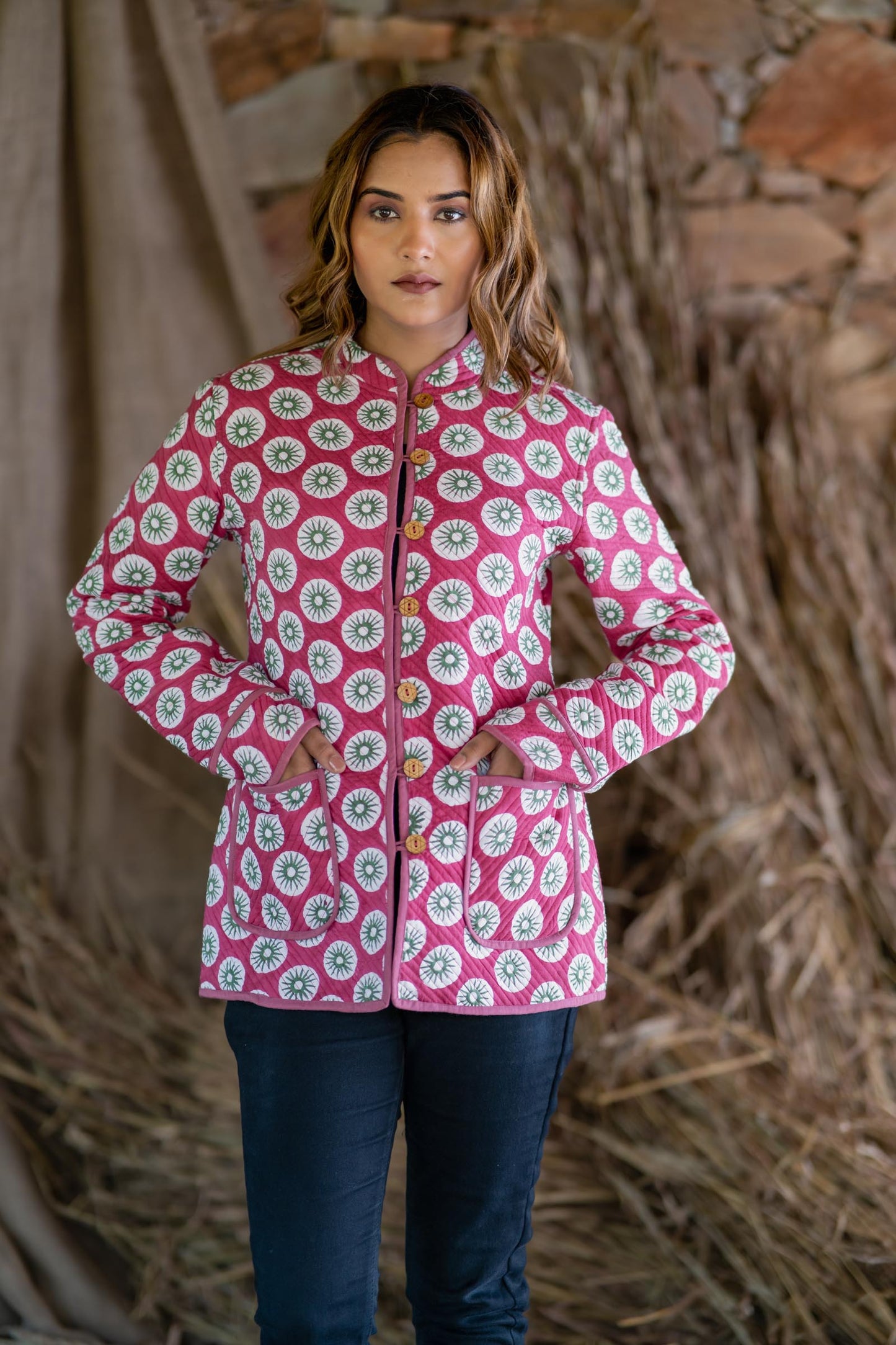 Pink Floral Reversible Quilted Reversible Jacket-NVQJ492