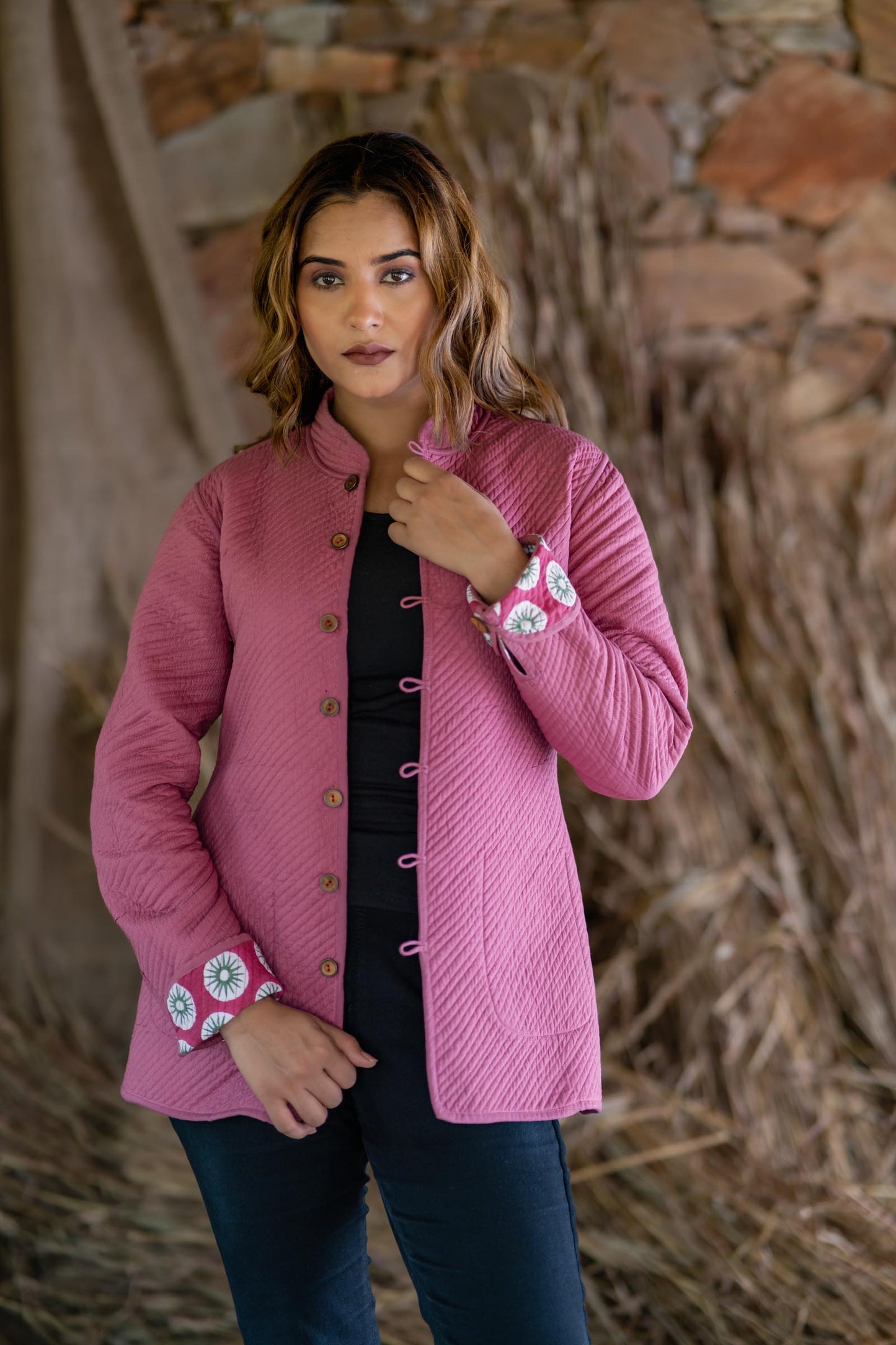 Pink Floral Reversible Quilted Reversible Jacket-NVQJ492