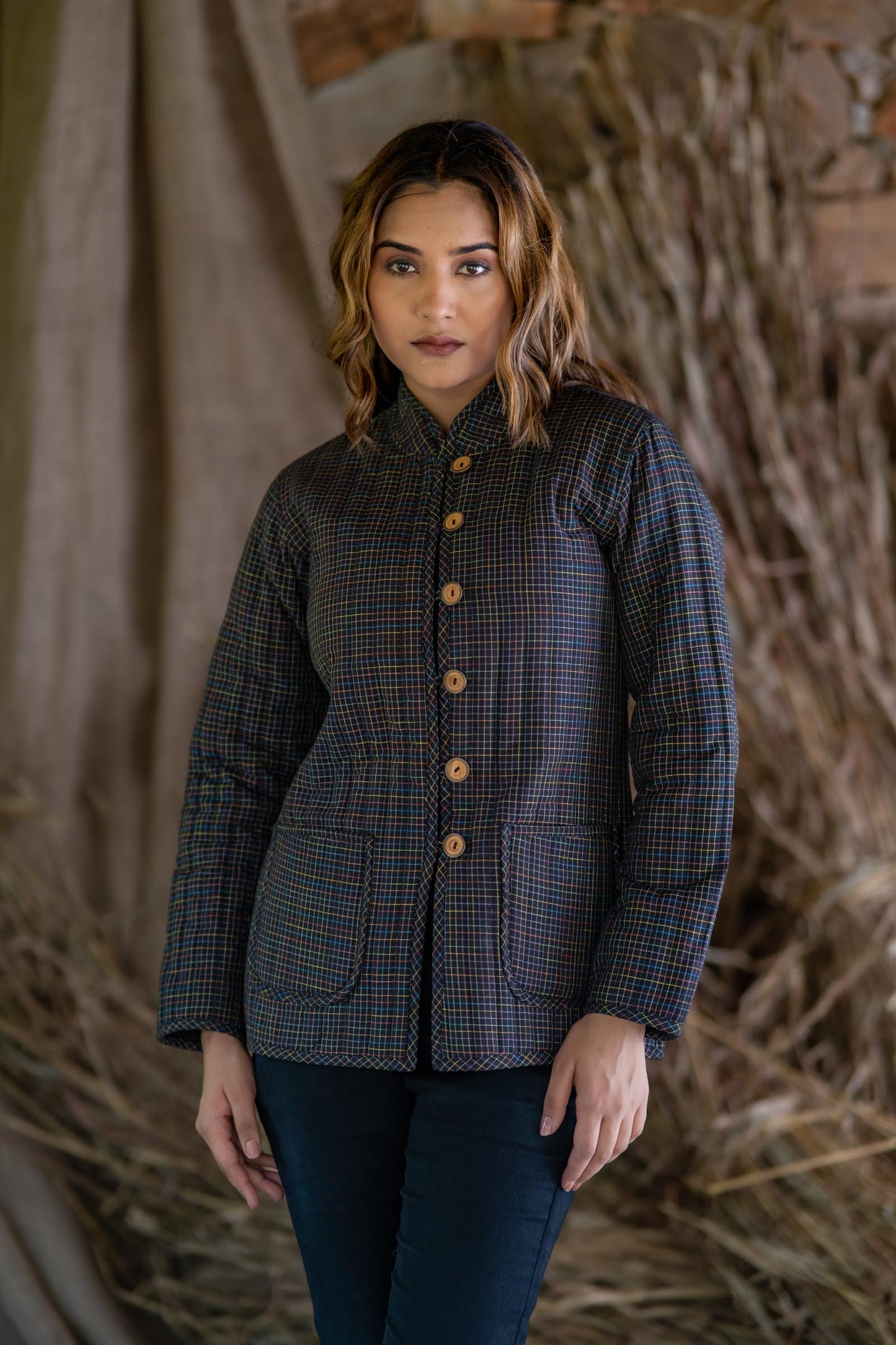 Black Checks Cotton Reversible Quilted Jacket-NVQJ511