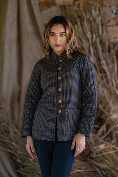 Black Checks Cotton Reversible Quilted Jacket-NVQJ511 SALE