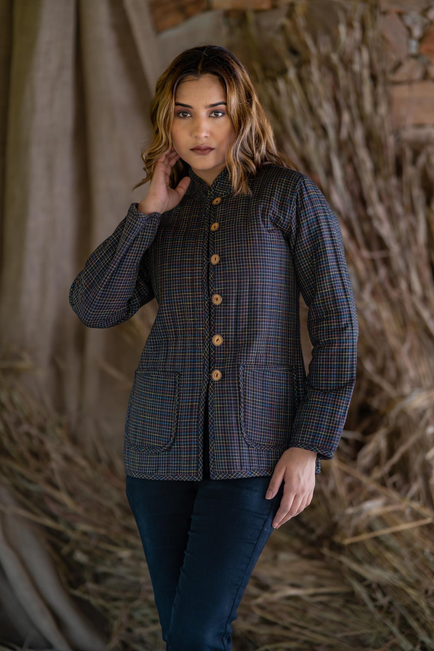 Black Checks Cotton Reversible Quilted Jacket-NVQJ511