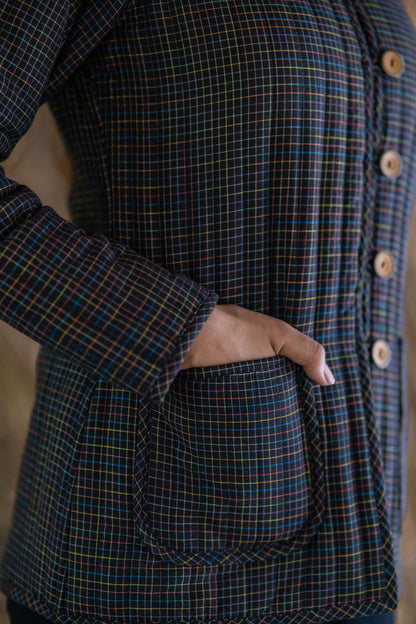 Black Checks Cotton Reversible Quilted Jacket-NVQJ511 SALE
