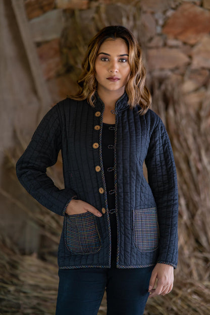 Black Checks Cotton Reversible Quilted Jacket-NVQJ511 SALE
