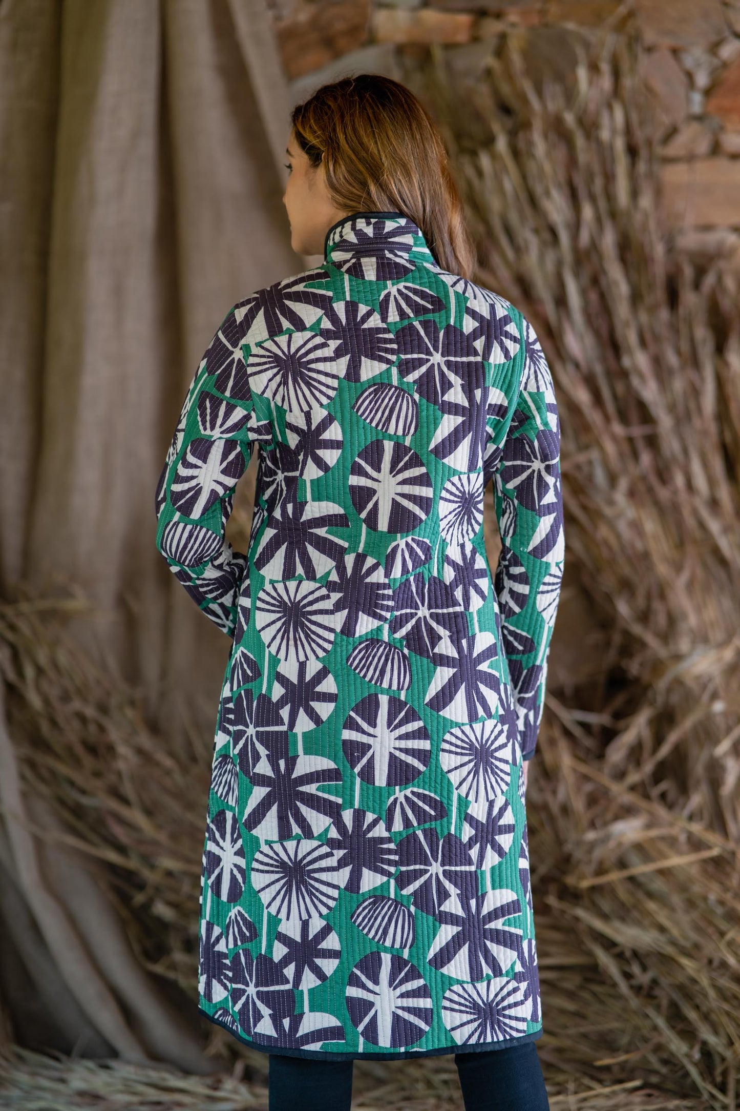 Black Green Printed Quilted Coat-NVQJ503