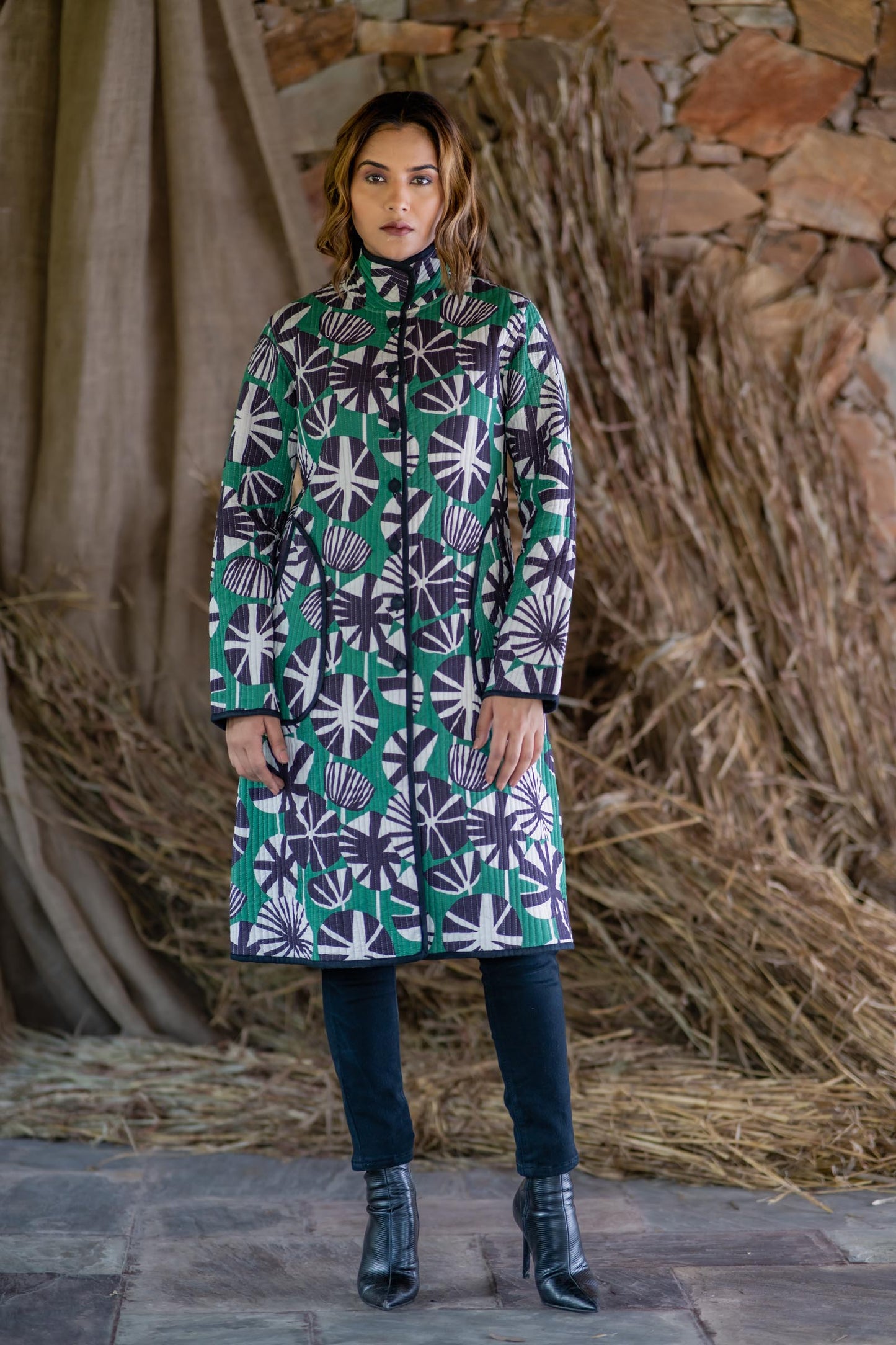 Black Green Printed Quilted Coat-NVQJ503