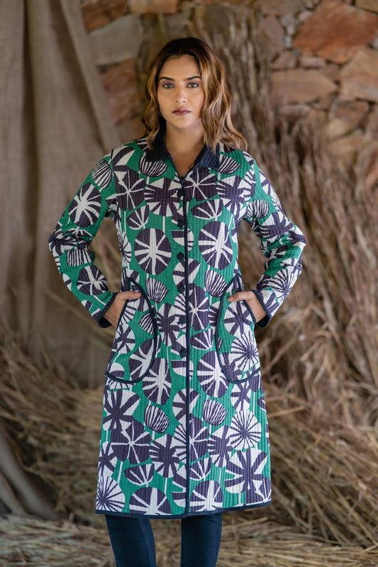 Black Green Printed Quilted Coat-NVQJ503