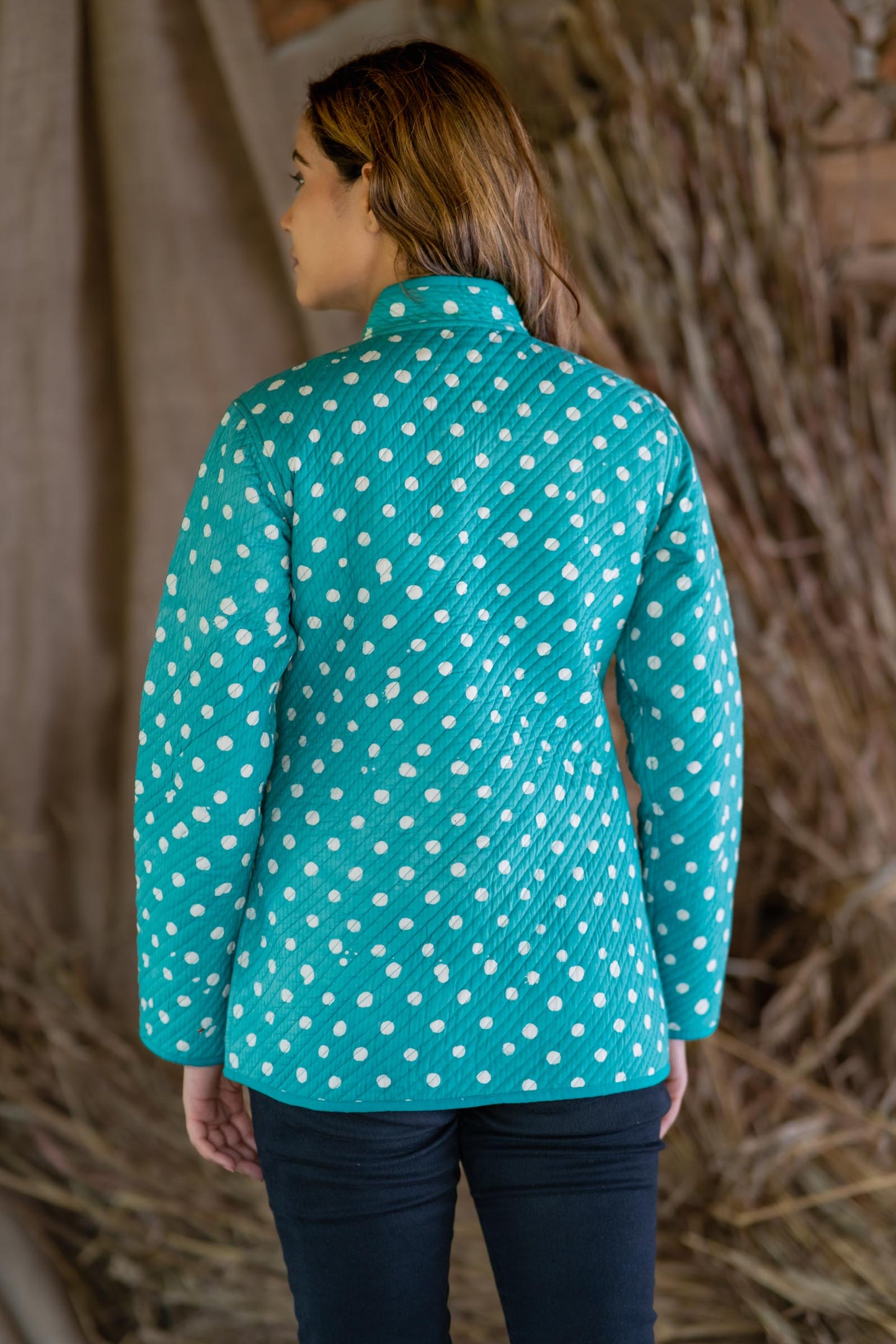 Green Polka Reversible Quilted Jacket-NVQJ495