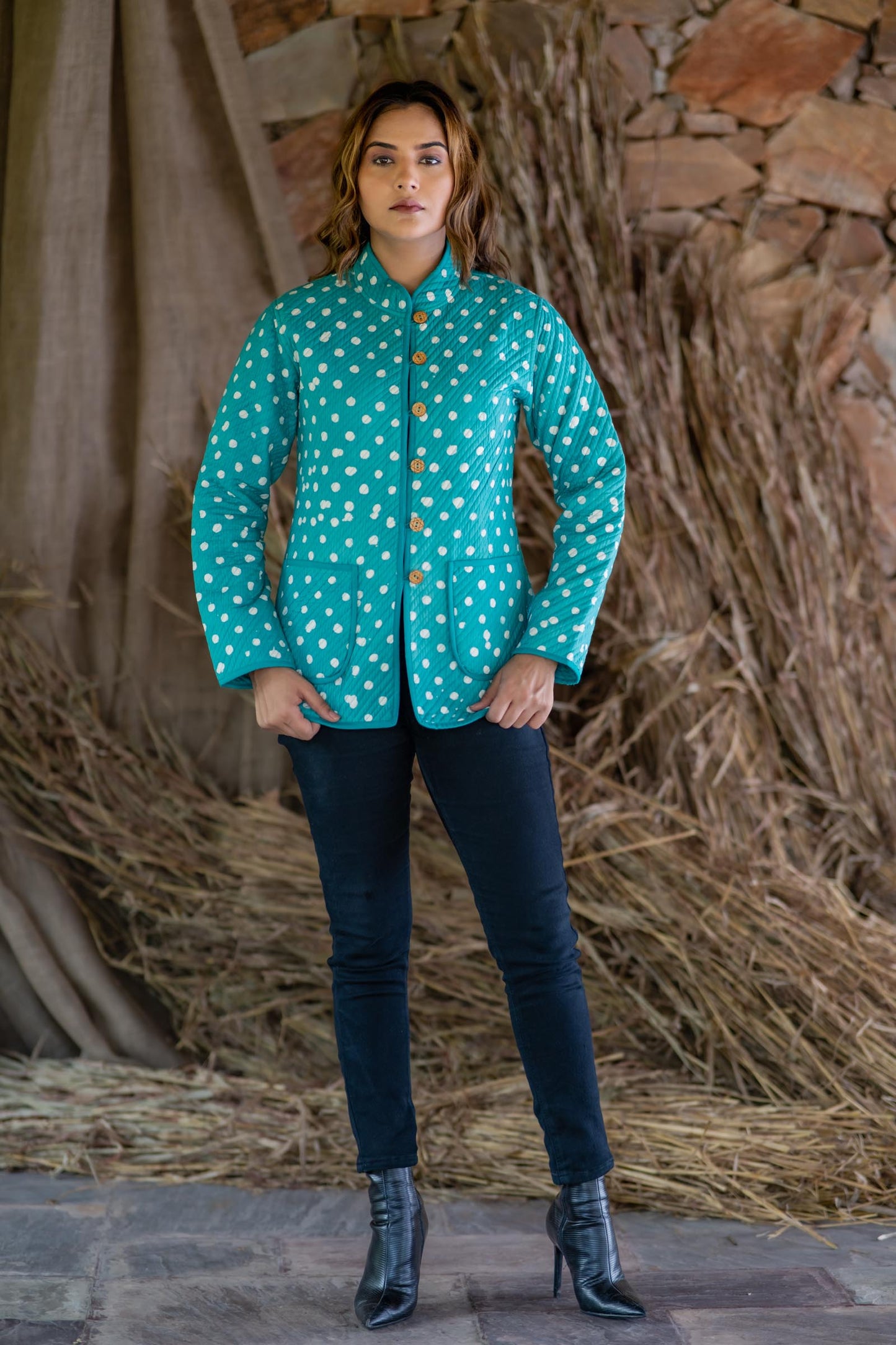 Green Polka Reversible Quilted Jacket-NVQJ495