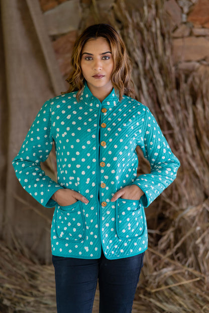 Green Polka Reversible Quilted Jacket-NVQJ495