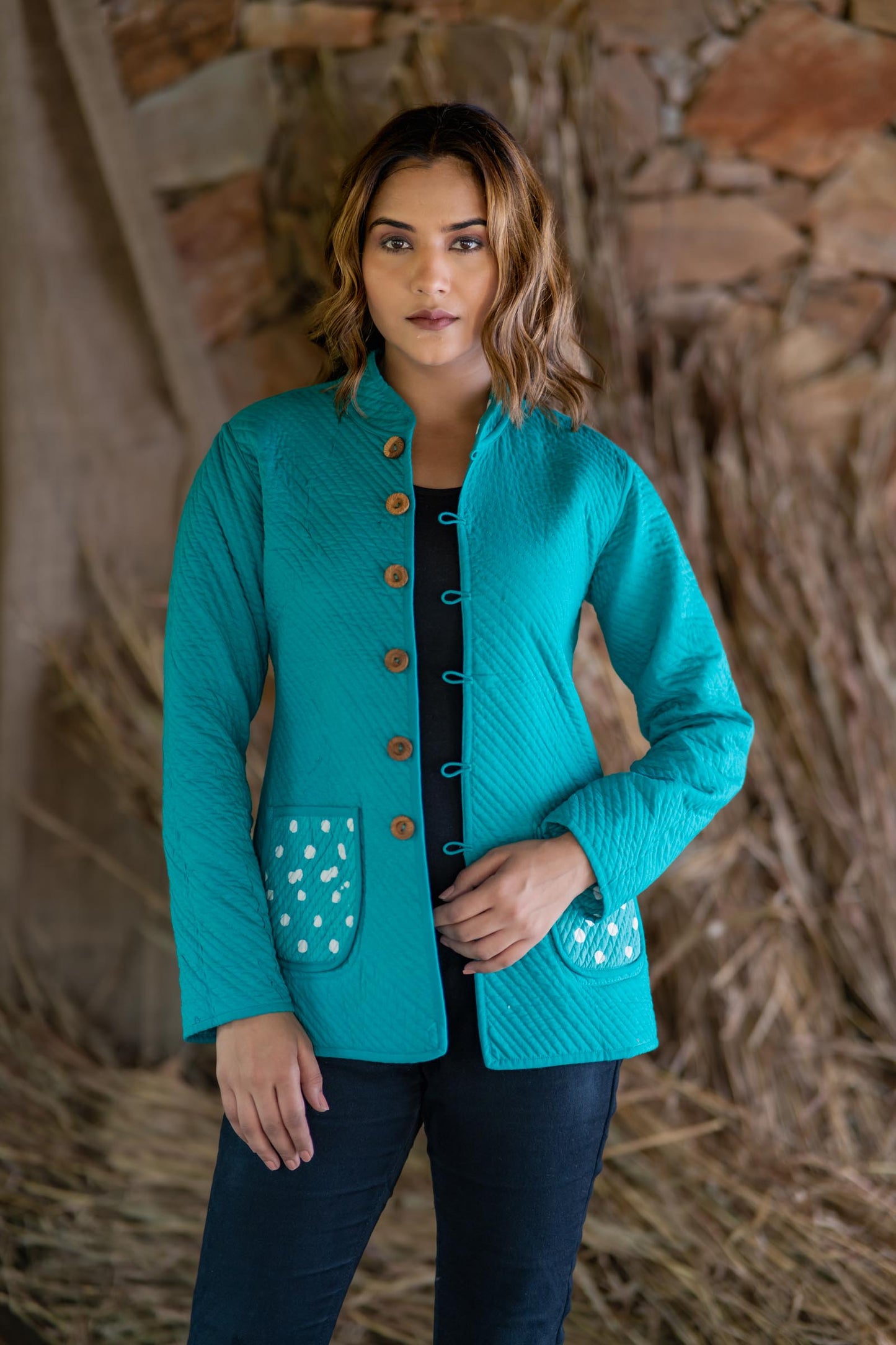 Green Polka Reversible Quilted Jacket-NVQJ495