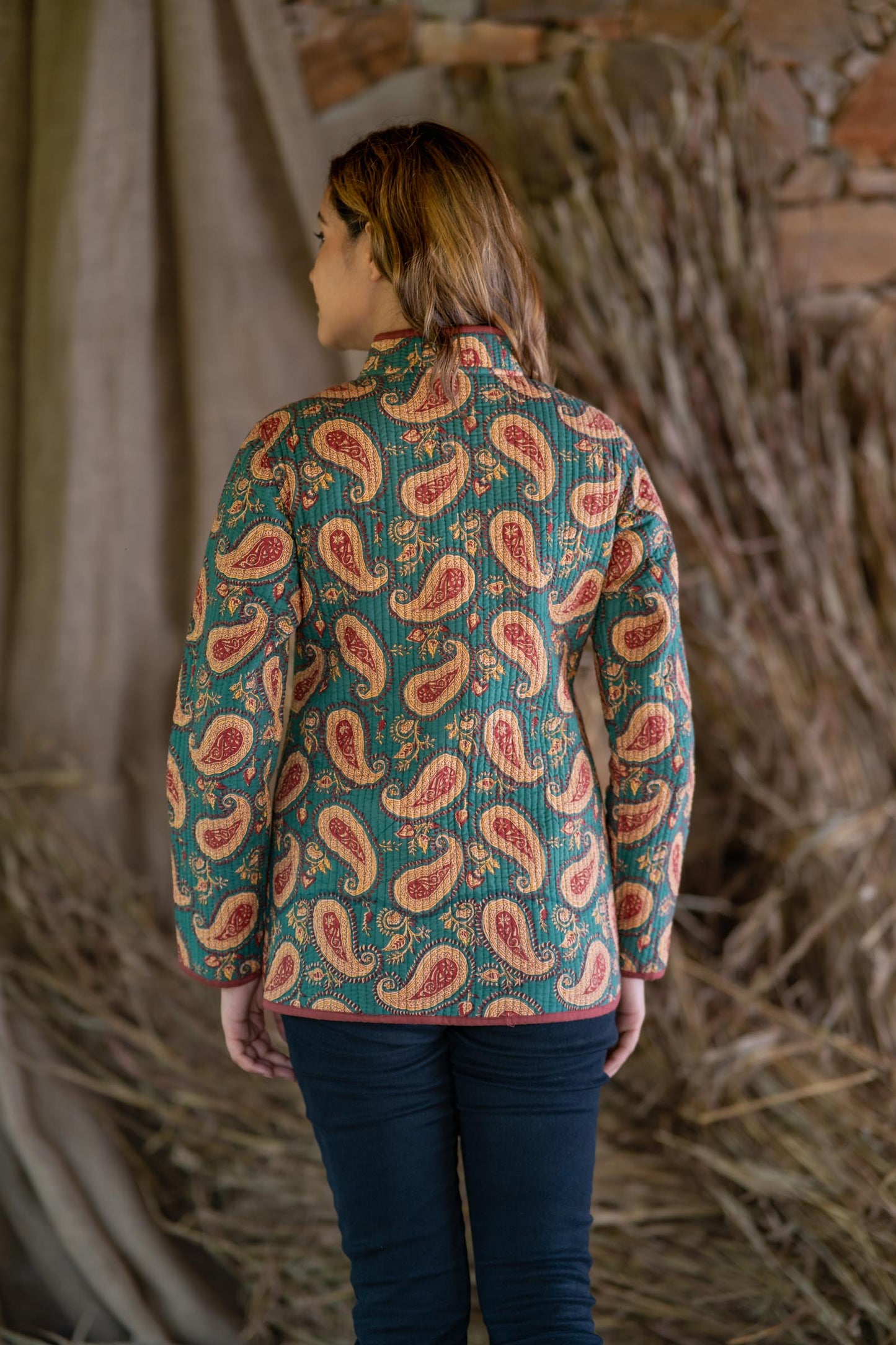 Green Paisley Cotton Reversible Quilted Jacket-NVQJ514