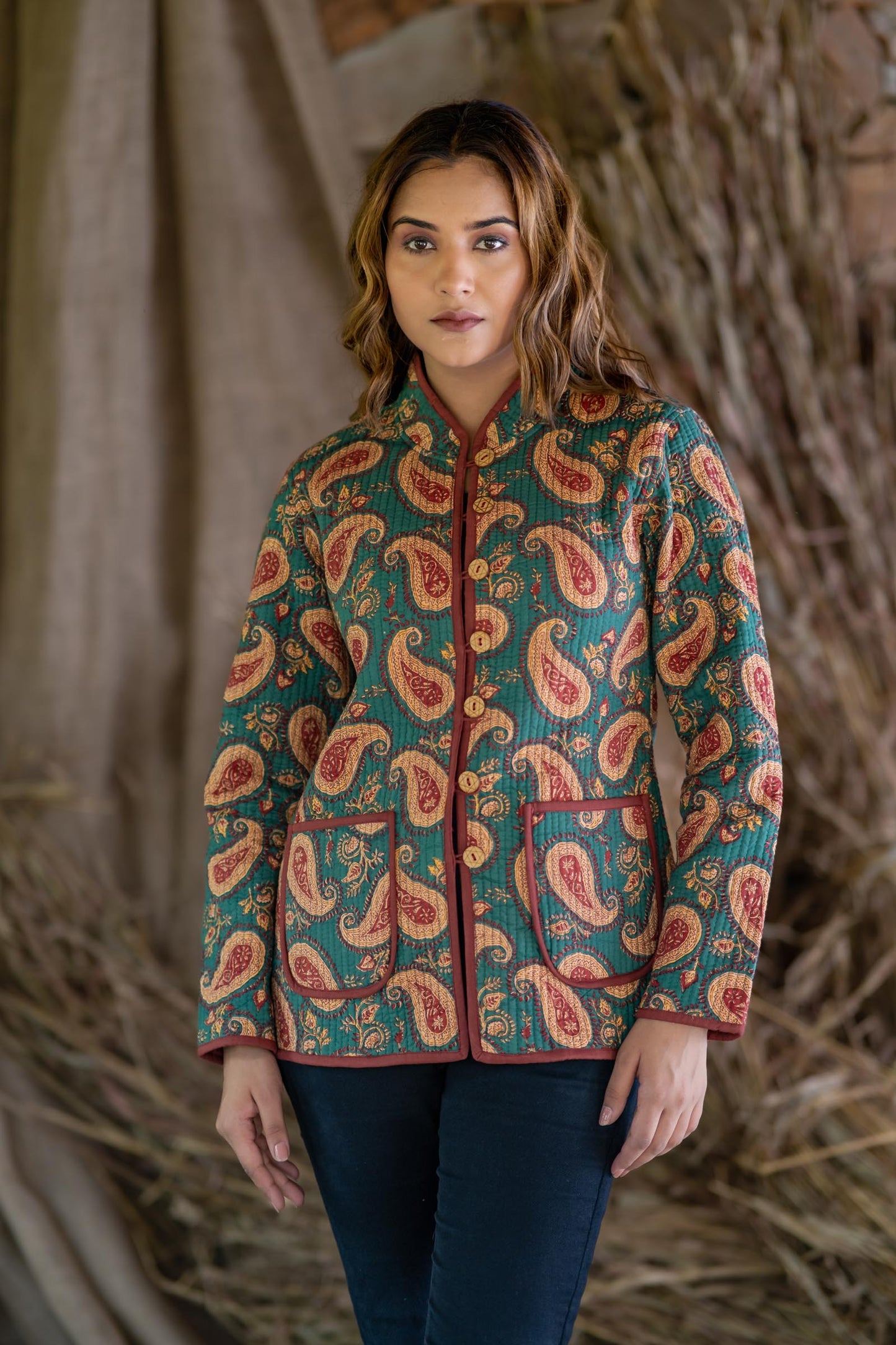 Green Paisley Cotton Reversible Quilted Jacket-NVQJ514