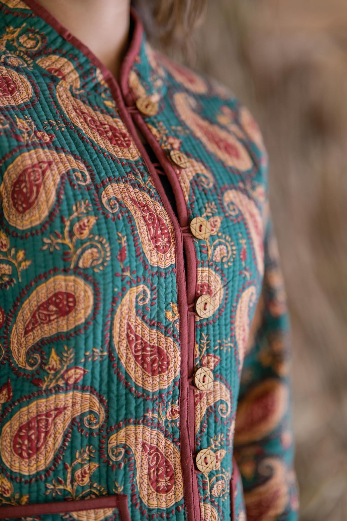 Green Paisley Cotton Reversible Quilted Jacket-NVQJ514