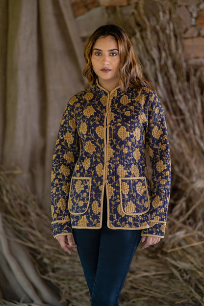 Mustard Bagru Cotton Reversible Quilted Jacket-NVQJ515 SALE