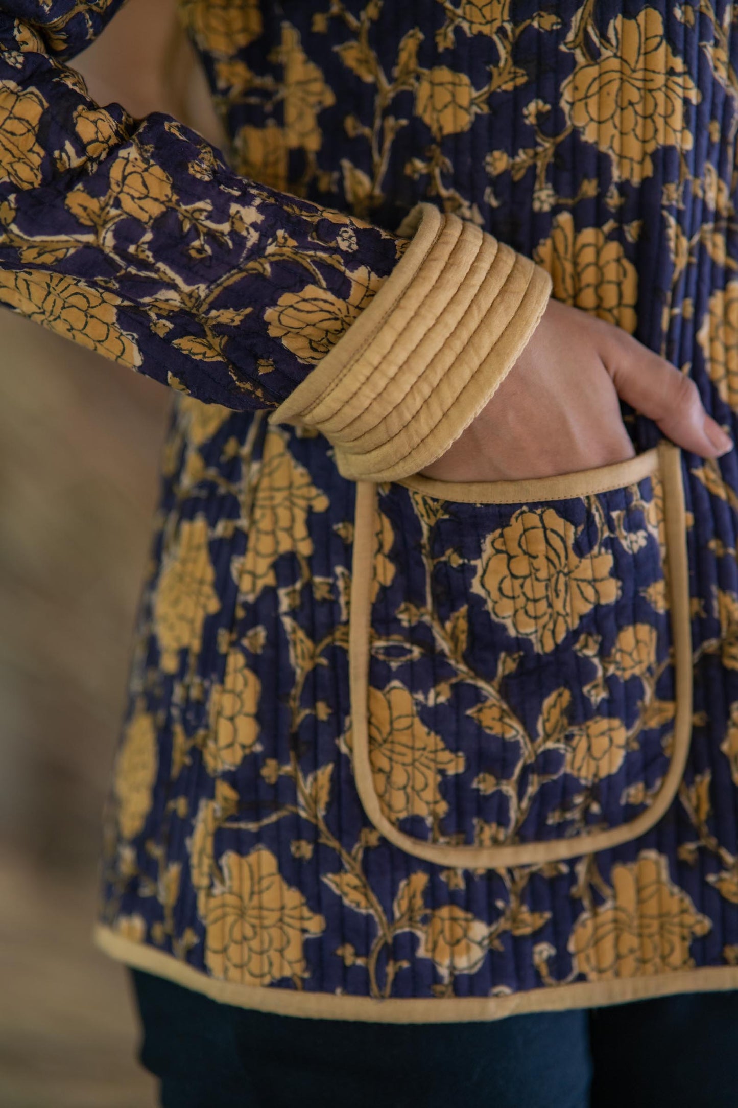 Mustard Bagru Cotton Reversible Quilted Jacket-NVQJ515 SALE