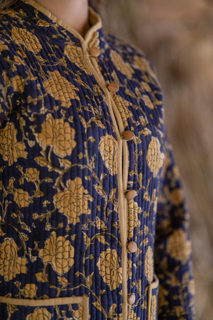 Mustard Bagru Cotton Reversible Quilted Jacket-NVQJ515 SALE