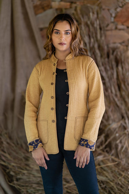 Mustard Bagru Cotton Reversible Quilted Jacket-NVQJ515 SALE