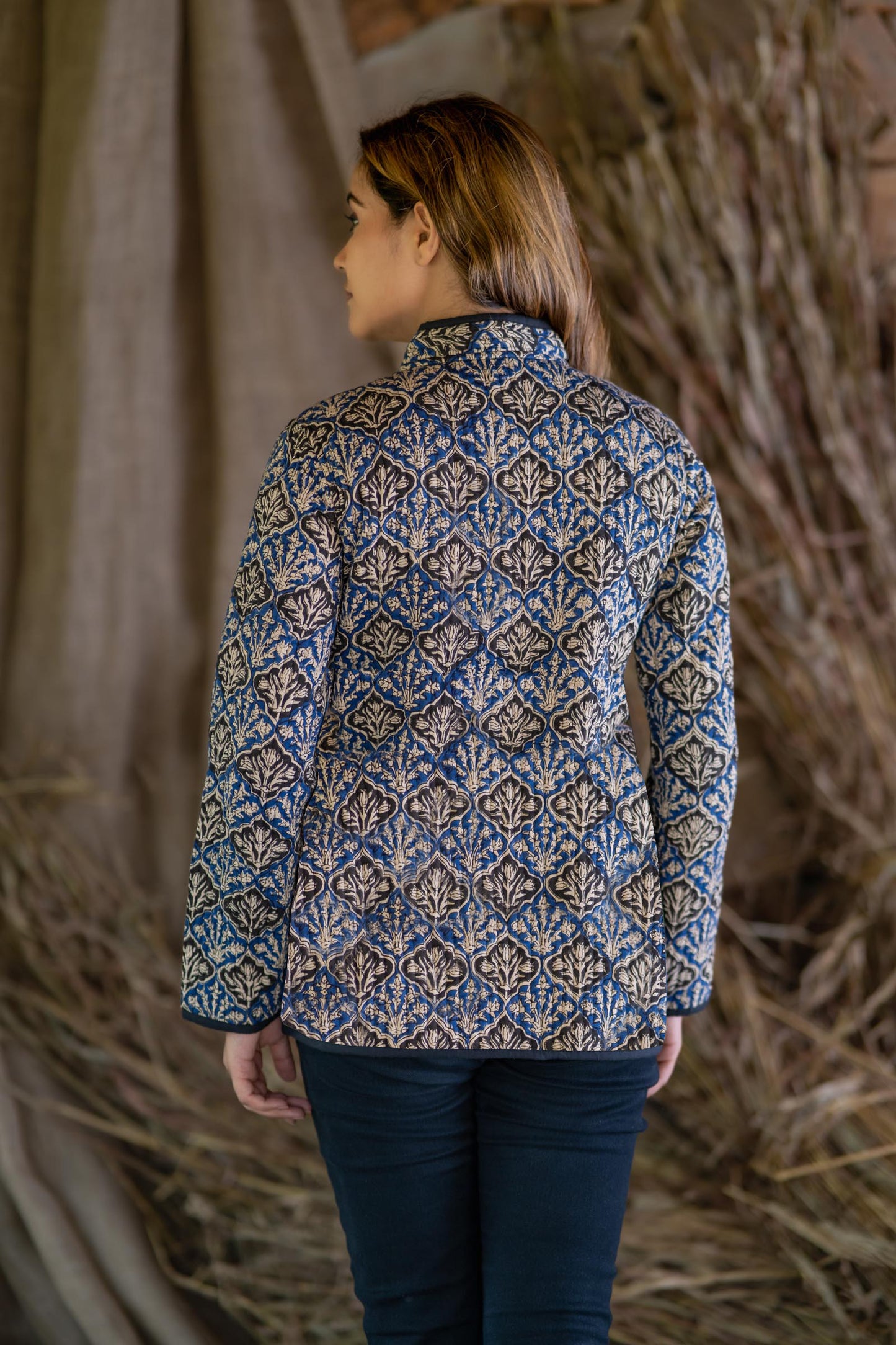 Blue Bagru Cotton Reversible Quilted Jacket-NVQJ513