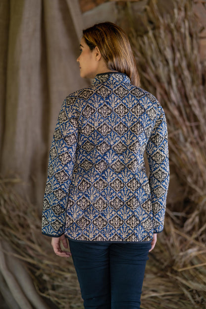 Blue Bagru Cotton Reversible Quilted Jacket-NVQJ513 SALE