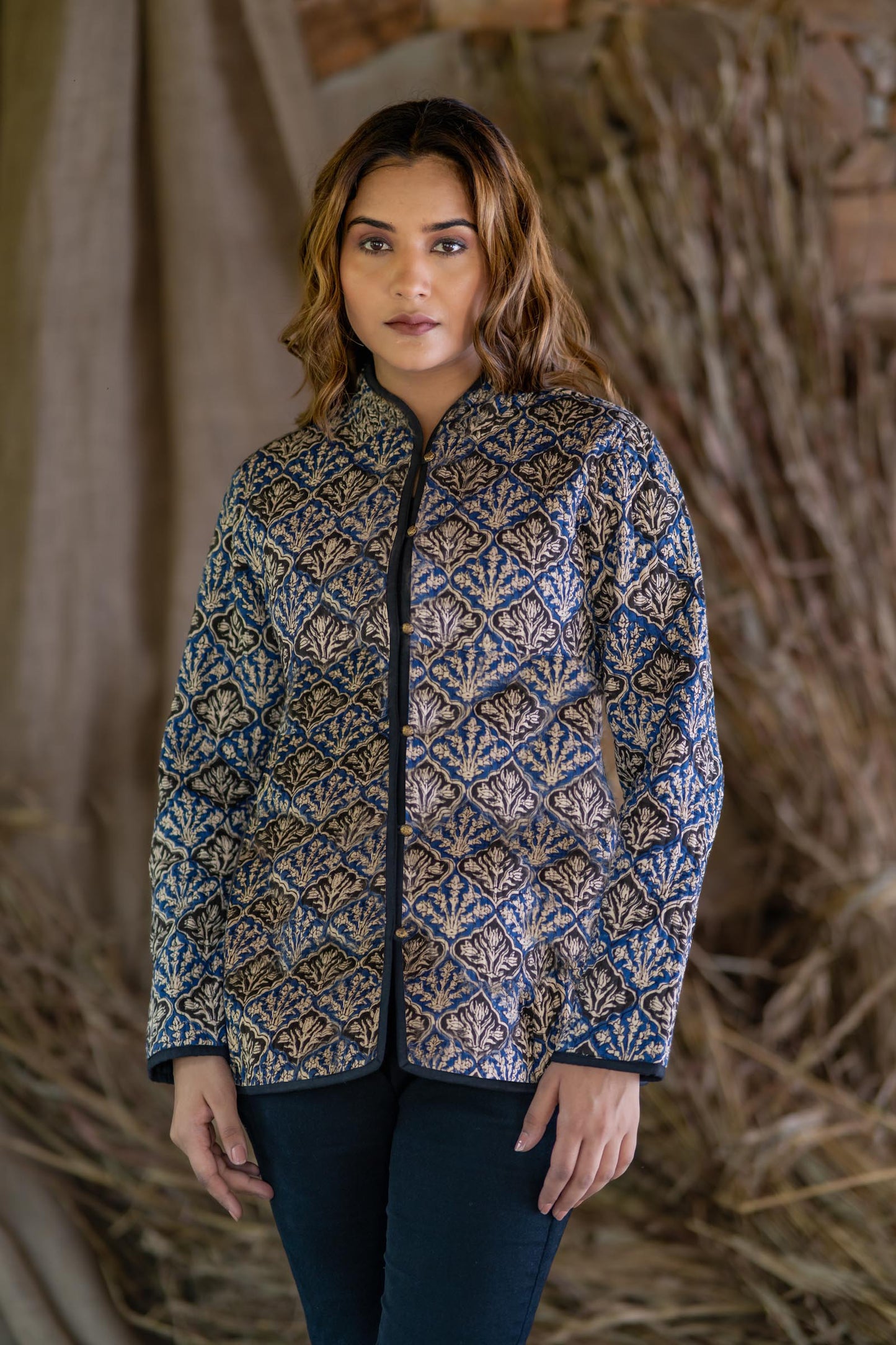 Blue Bagru Cotton Reversible Quilted Jacket-NVQJ513