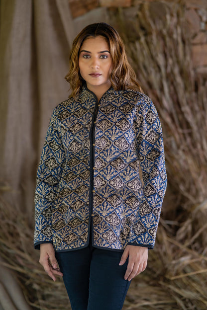 Blue Bagru Cotton Reversible Quilted Jacket-NVQJ513 SALE