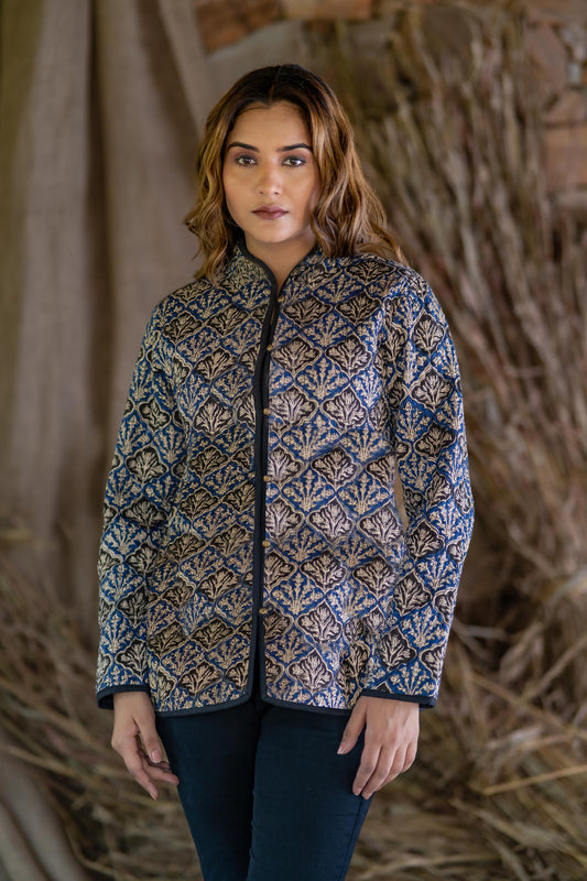 Blue Bagru Cotton Reversible Quilted Jacket-NVQJ513 SALE