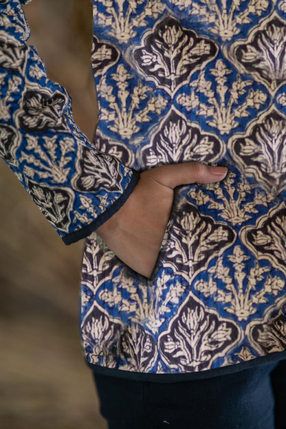 Blue Bagru Cotton Reversible Quilted Jacket-NVQJ513 SALE