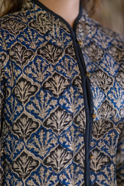 Blue Bagru Cotton Reversible Quilted Jacket-NVQJ513 SALE