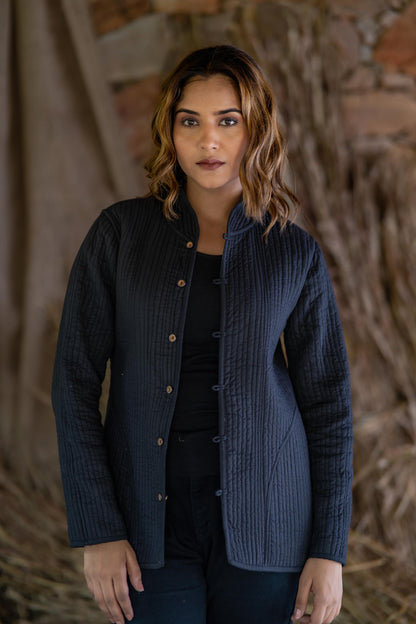 Blue Bagru Cotton Reversible Quilted Jacket-NVQJ513 SALE