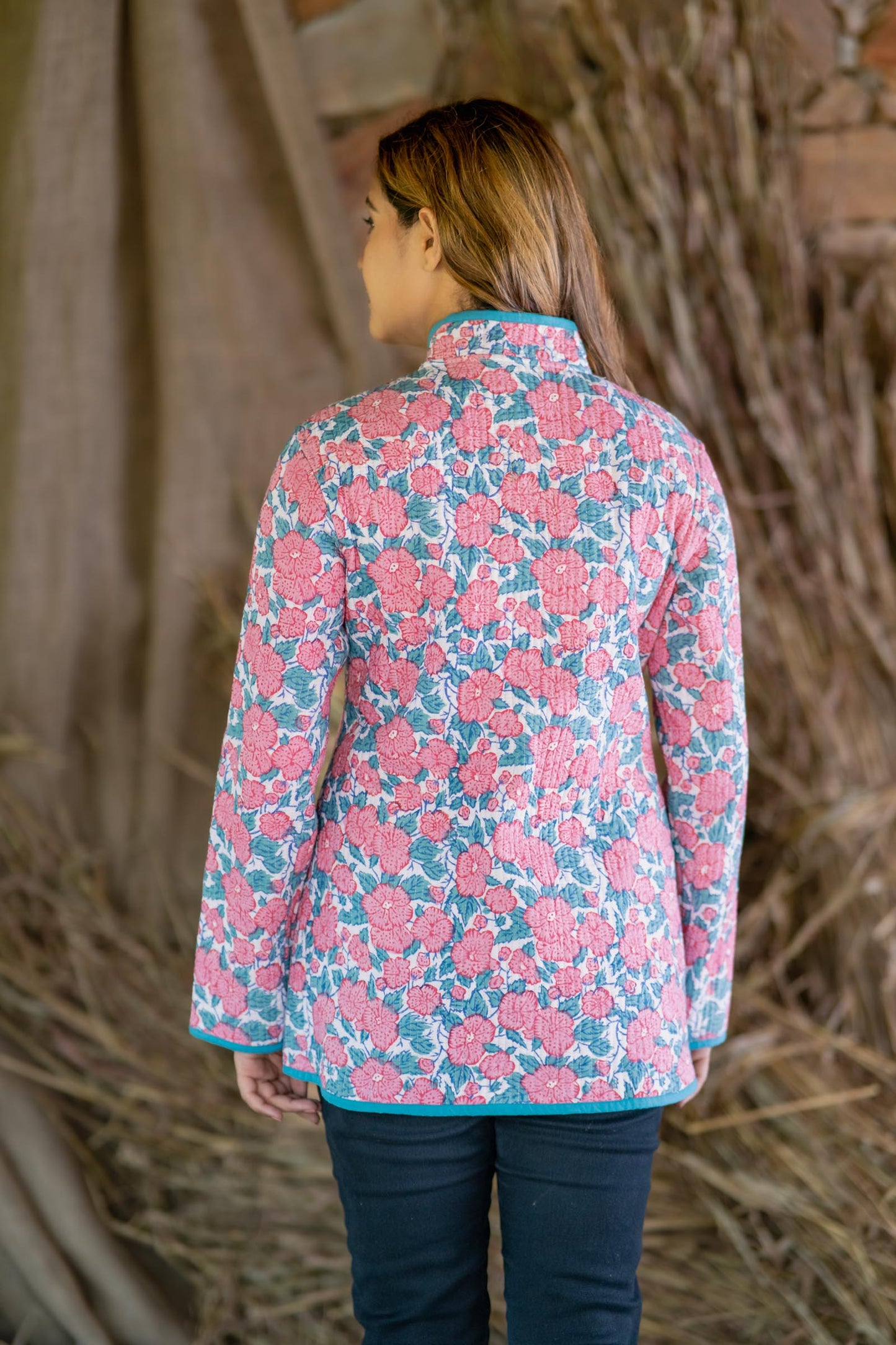 Pink Floral Reversible Quilted Reversible Jacket-NVQJ488