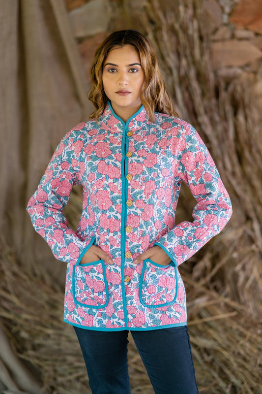 Pink Floral Reversible Quilted Reversible Jacket-NVQJ488