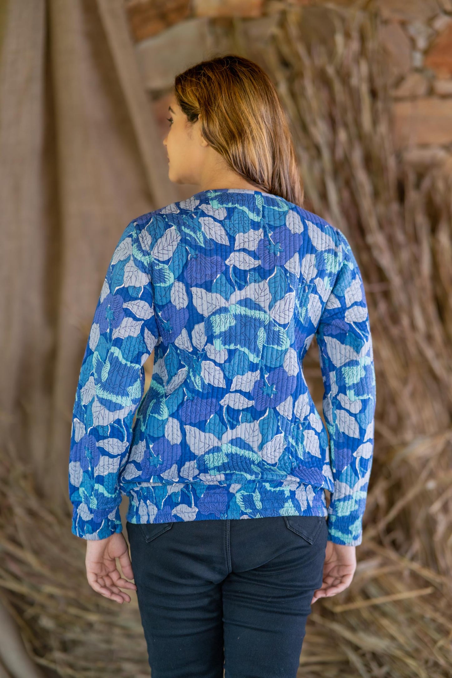 Floral Block Printed Quilted Bomber Jacket-NVQJ498