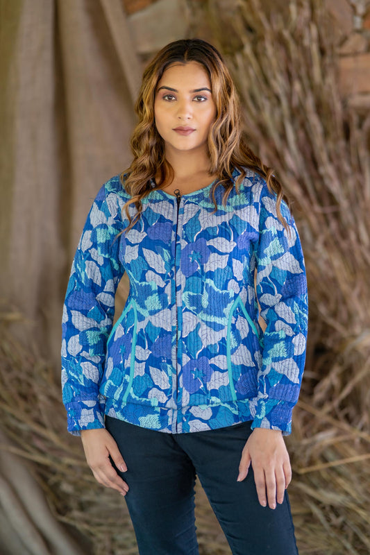 Floral Block Printed Quilted Bomber Jacket-NVQJ498