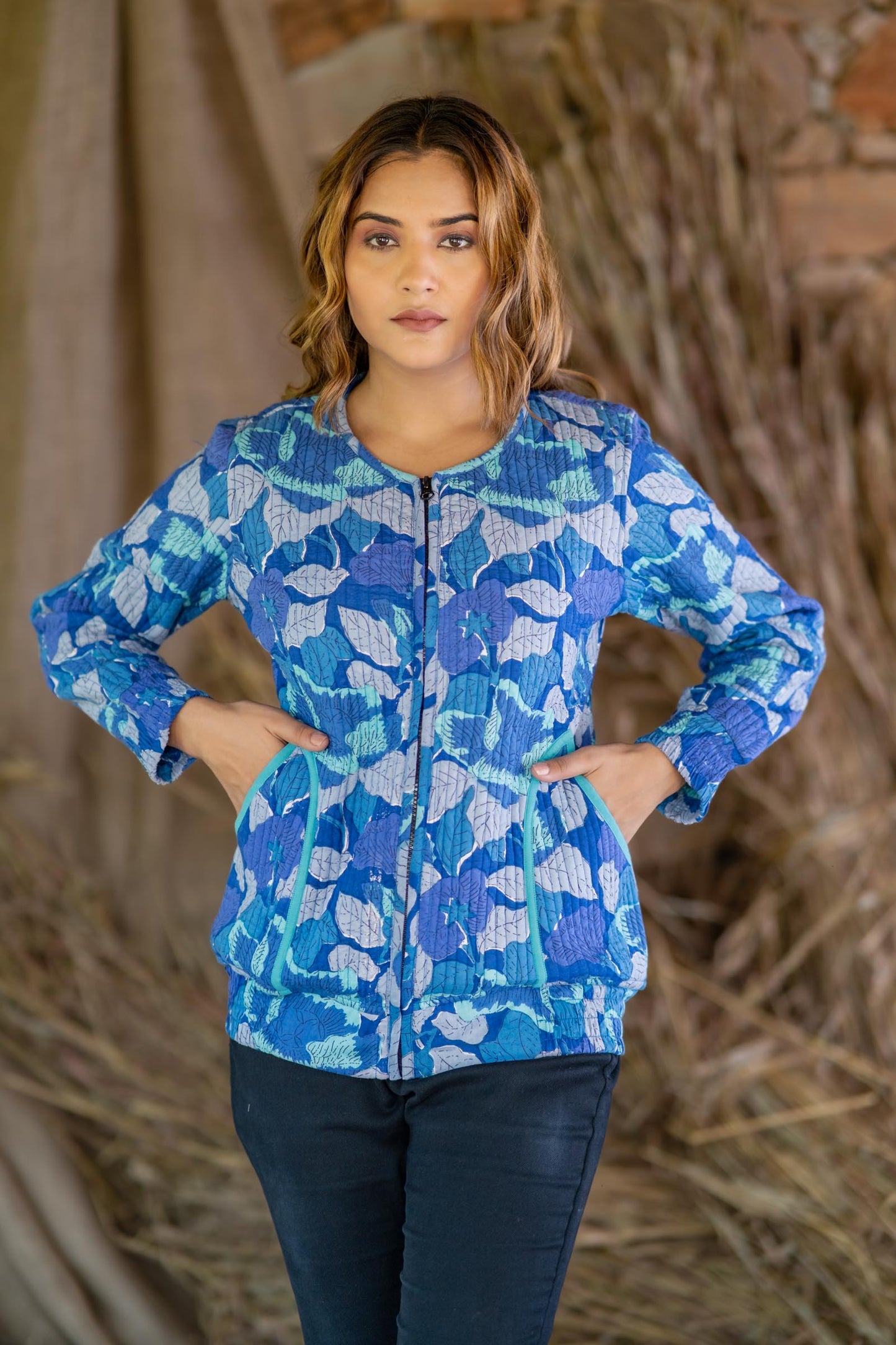 Floral Block Printed Quilted Bomber Jacket-NVQJ498