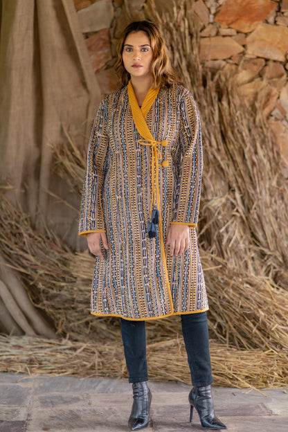 Mustard Kalamkari Block Printed Quilted Jacket- NVQJ469