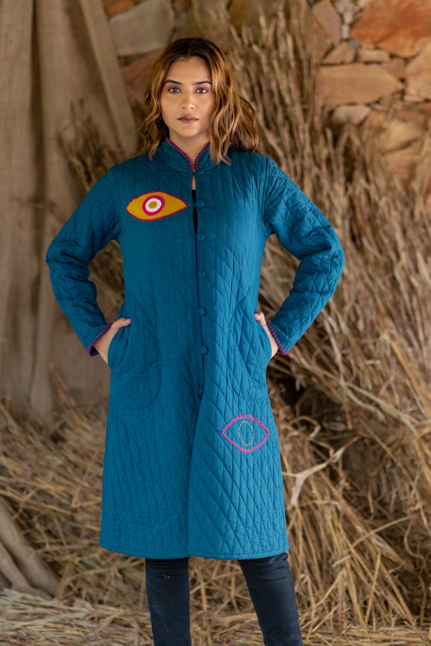 Teal Patch Work Quilted Coat-NVQJ504