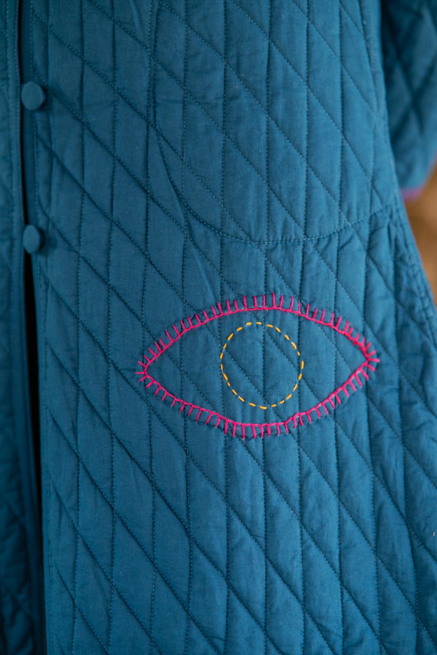 Teal Patch Work Quilted Coat-NVQJ504