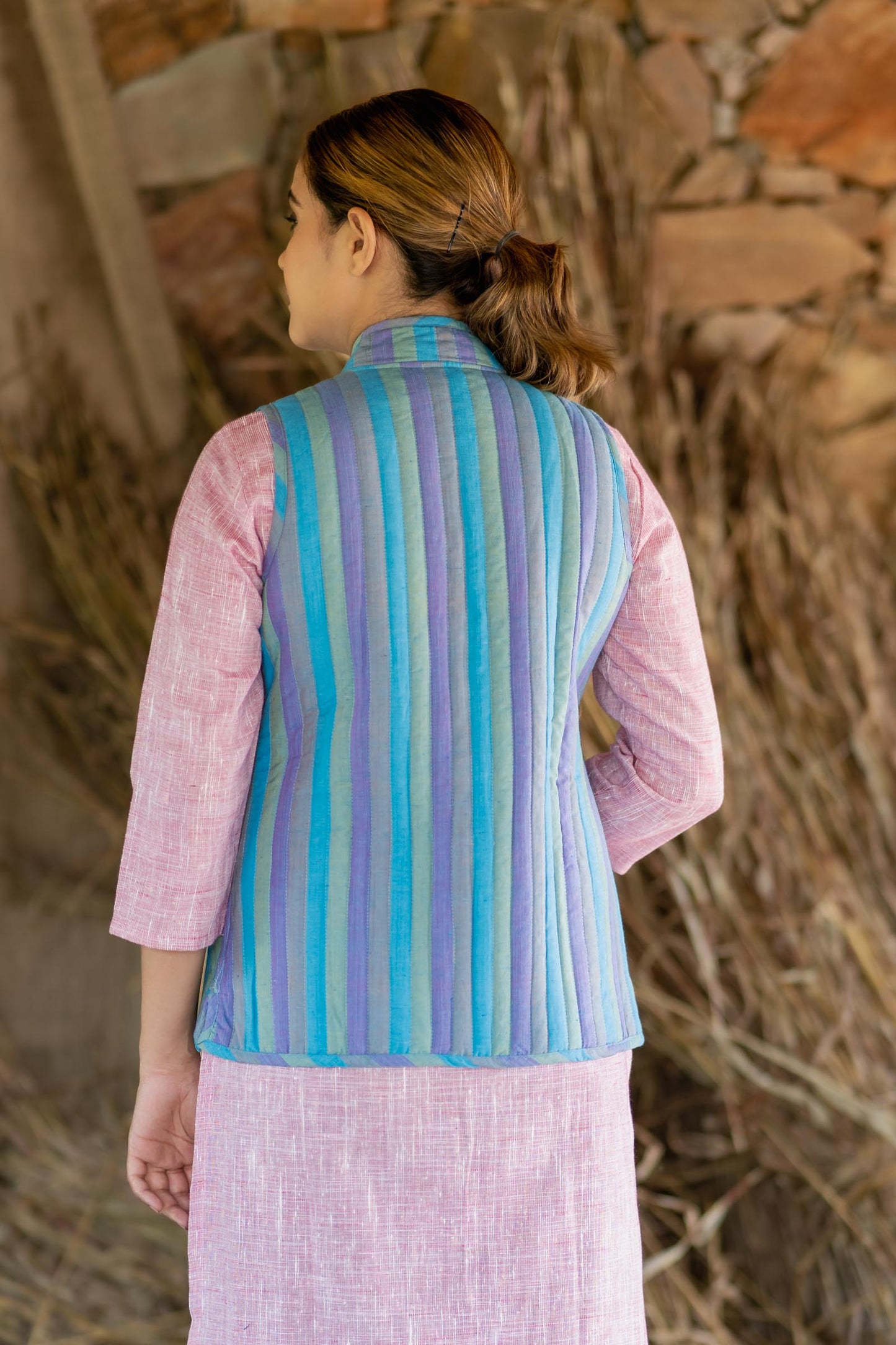 Blue Striped Reversible Sleeveless Jacket- NVQJ461