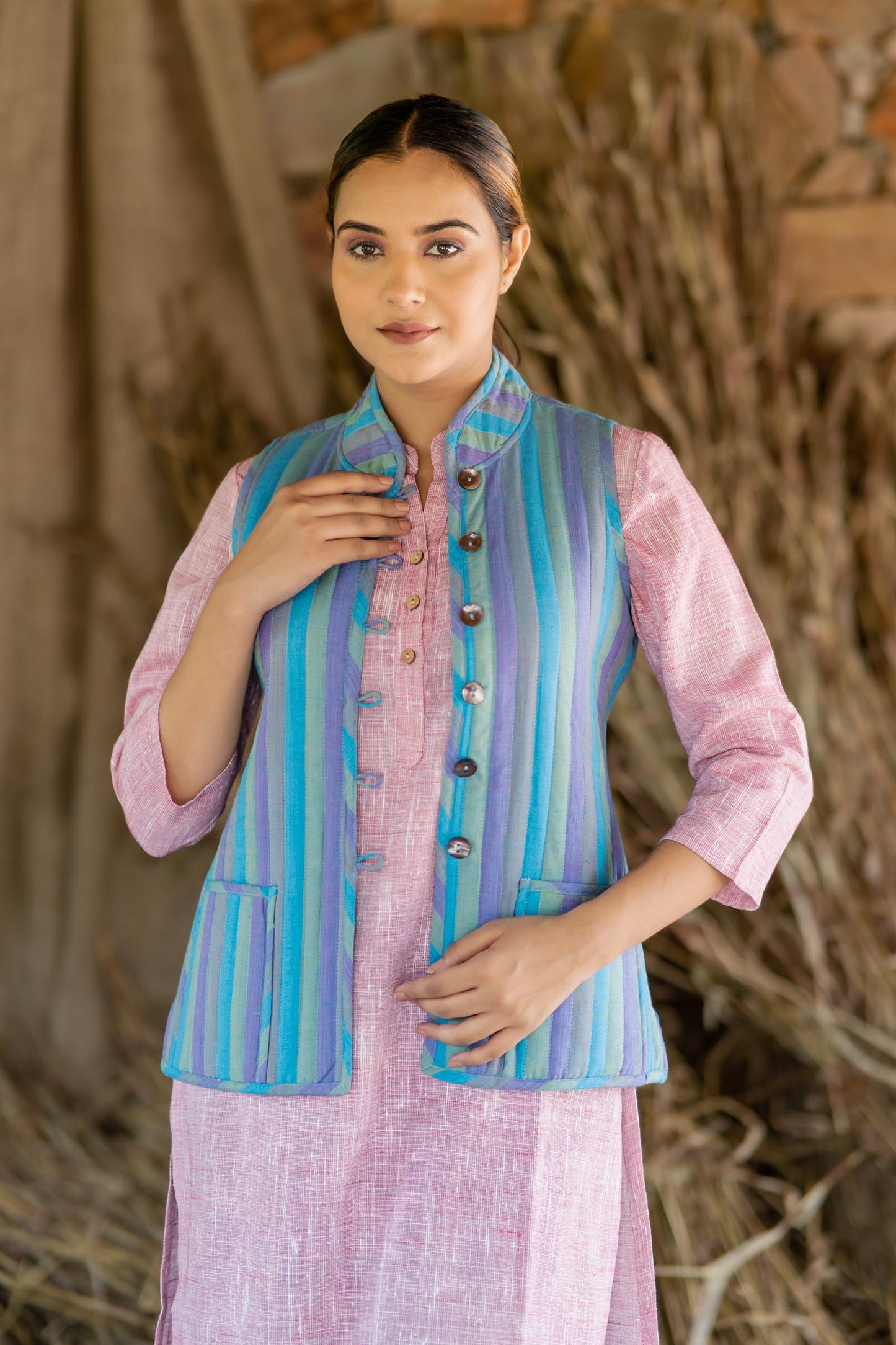 Blue Striped Reversible Sleeveless Jacket- NVQJ461