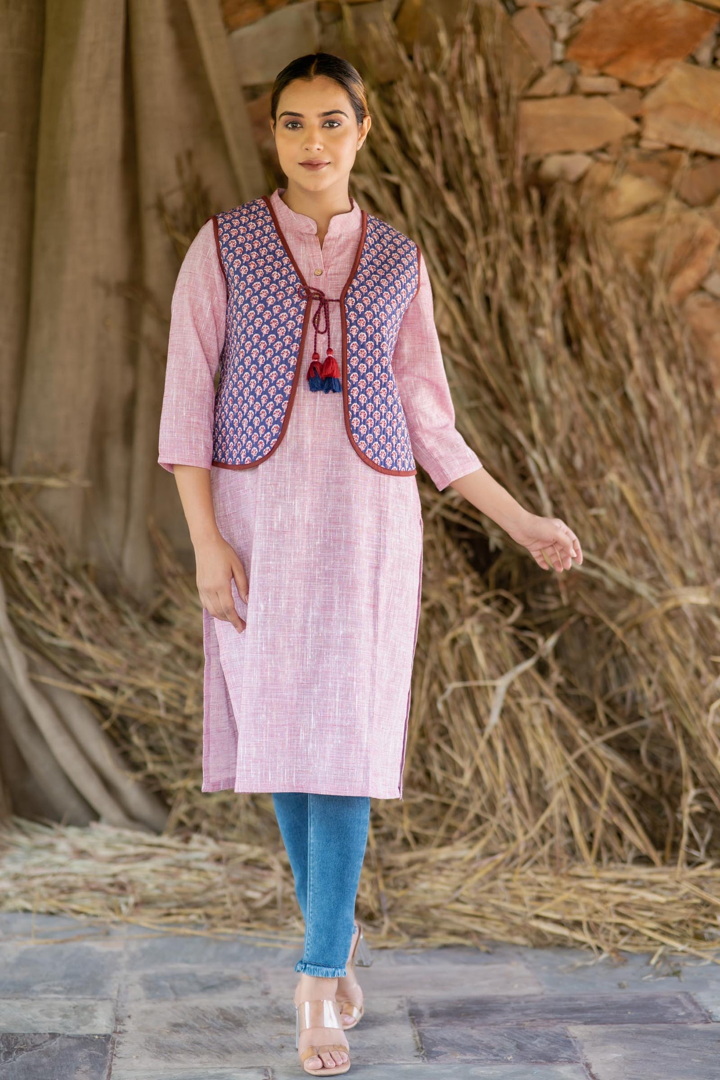 Blue Red Block Printed Sleeveless Jacket- NVQJ465