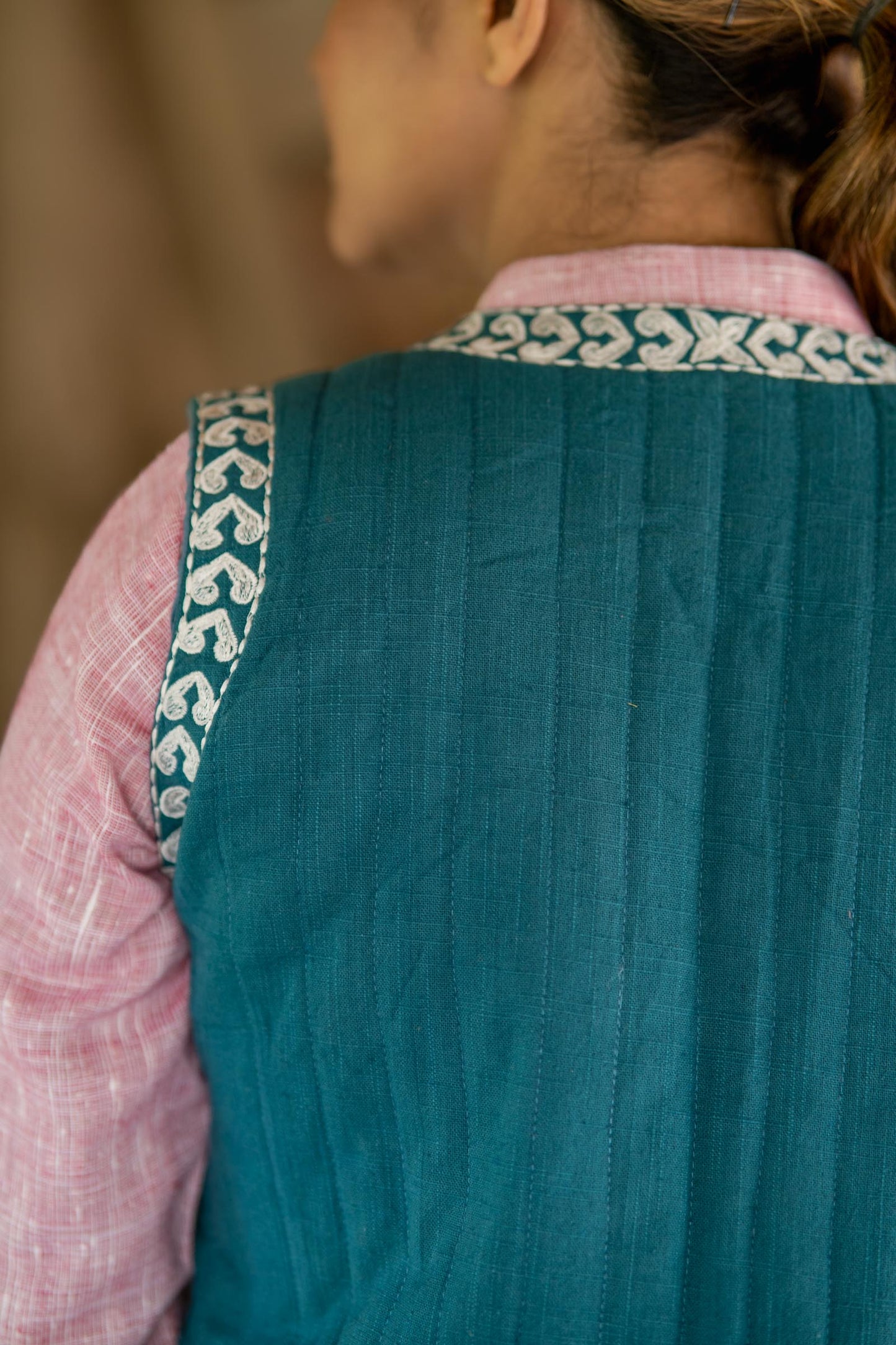 Teal Green Embroidered Sleeveless Jacket- NVQJ466