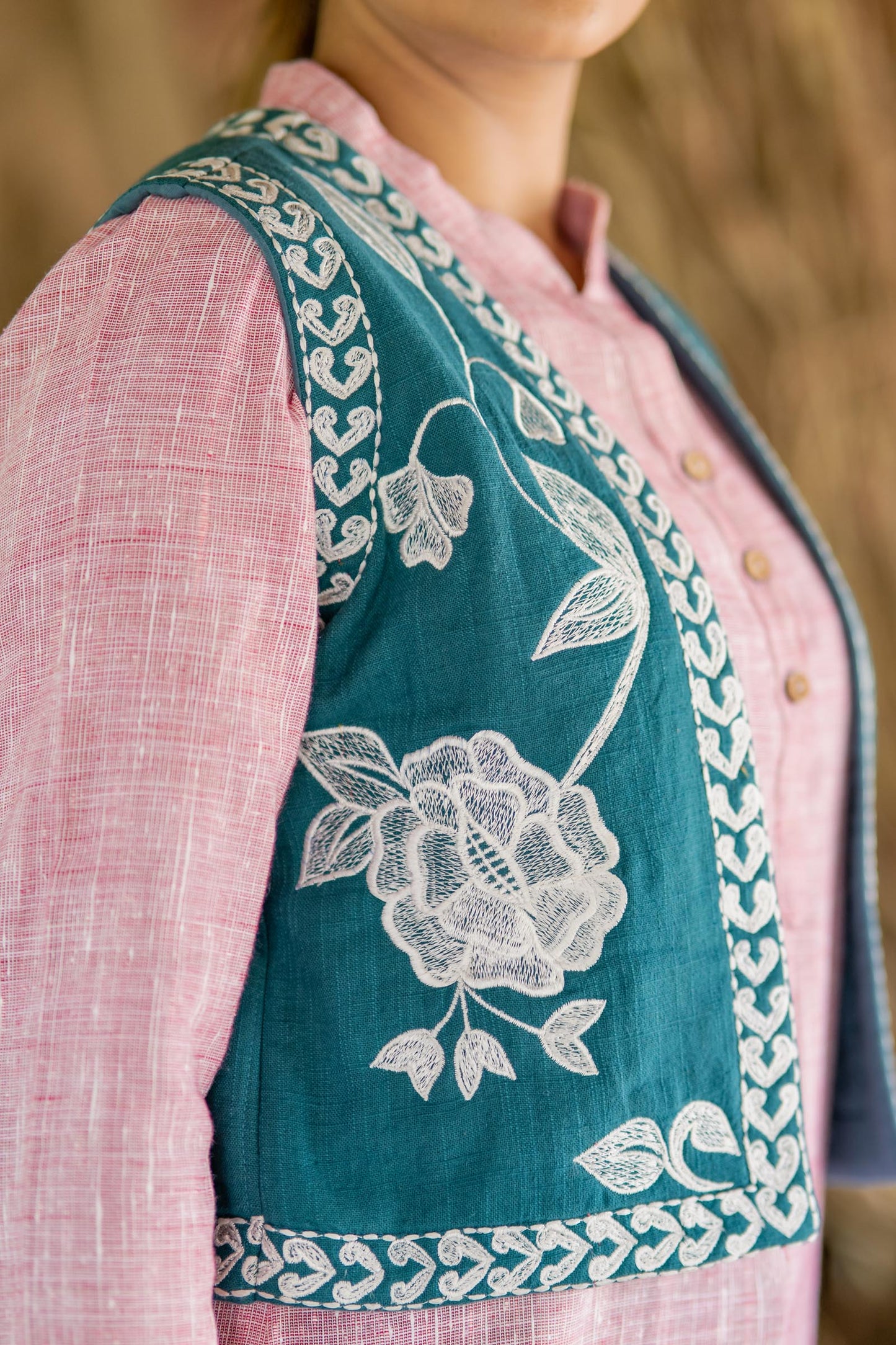 Teal Green Embroidered Sleeveless Jacket- NVQJ466