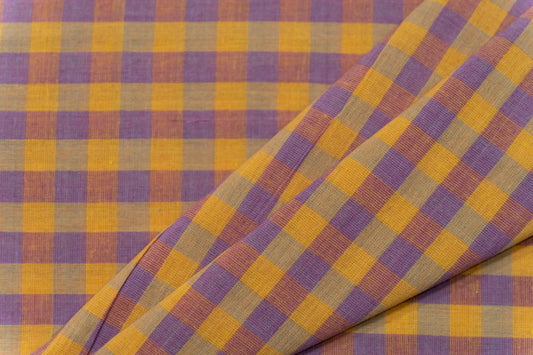 YELLOW PURPLE CHECKS HANDLOOM KHARI COTTON FABRIC-HF6324