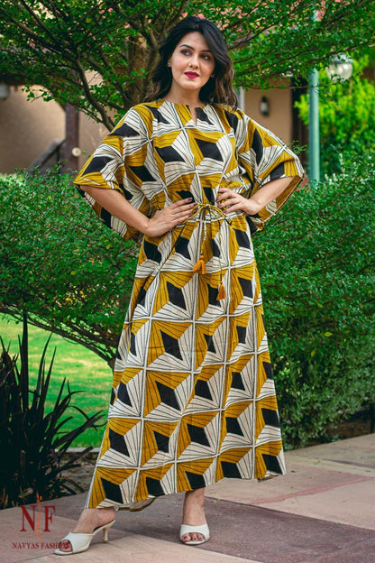 BAGRU MUSTARD BLACK KAFTAN DRESS-NVK19